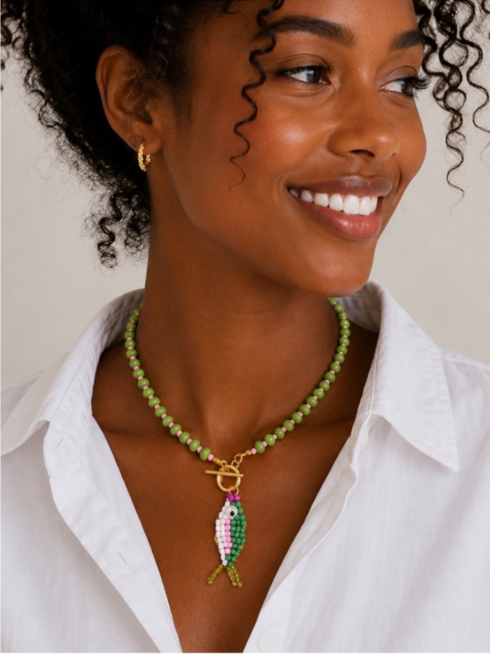 New! Coastal Preppy Colorful Green Beaded Fish Necklace NWOT 2012
